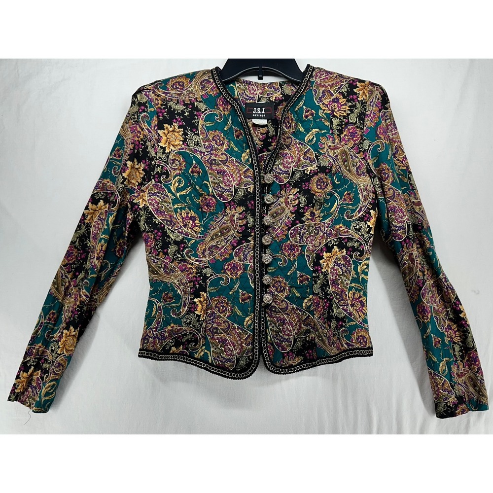 JSJ Petites Quilted Paisley Jacket Teal Purple Vintage 90s Button Up Size 8